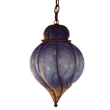 A beautifully designed pendant light featuring a rounded, textured glass shade in shades of blue, encased in ornate wrought iron. The elegant shape and intricate details add a touch of sophistication to any space.