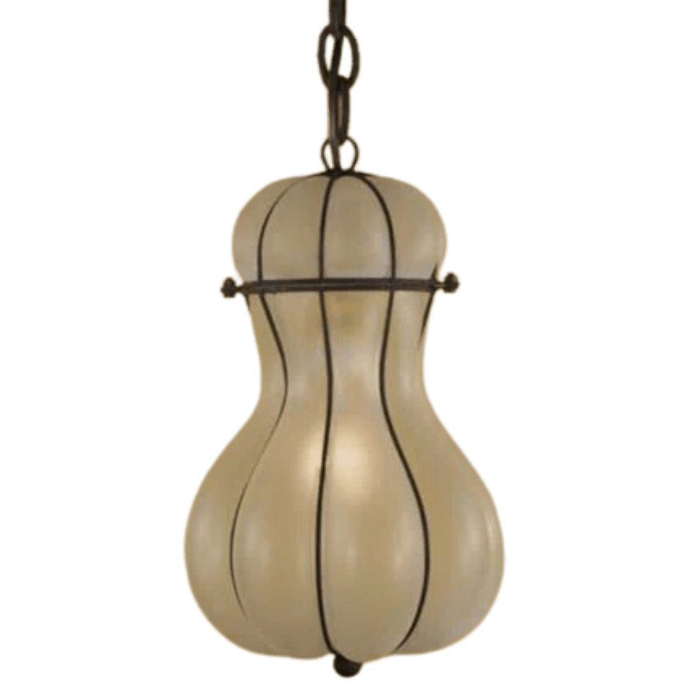 A charming pendant light featuring a gracefully curvy glass shade encased in a dark wrought iron frame, hanging from a chain. The elegant design adds warmth and character to any space.