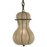 A charming pendant light featuring a gracefully curvy glass shade encased in a dark wrought iron frame, hanging from a chain. The elegant design adds warmth and character to any space.