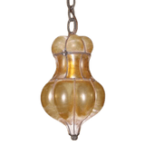 A beautifully crafted pendant light with a unique, curvy shape made of amber-hued glass. The design features intricate wrought iron framing, enhancing its elegance. Ideal for adding warmth and character to any space, this fixture blends artistry with functionality.