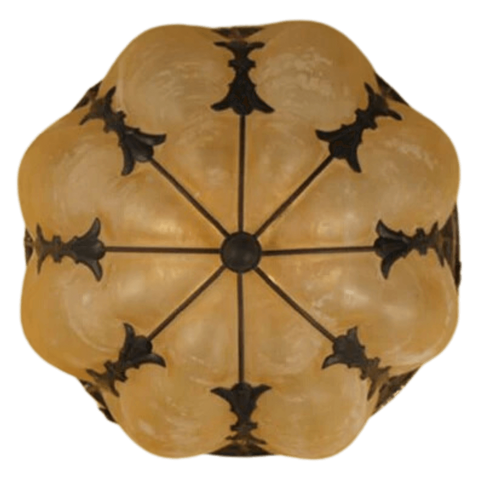 An elegant ceiling fixture featuring a flowing, rounded design in muted amber glass, adorned with intricate dark wrought iron detailing, perfect for adding warmth and charm to any space.