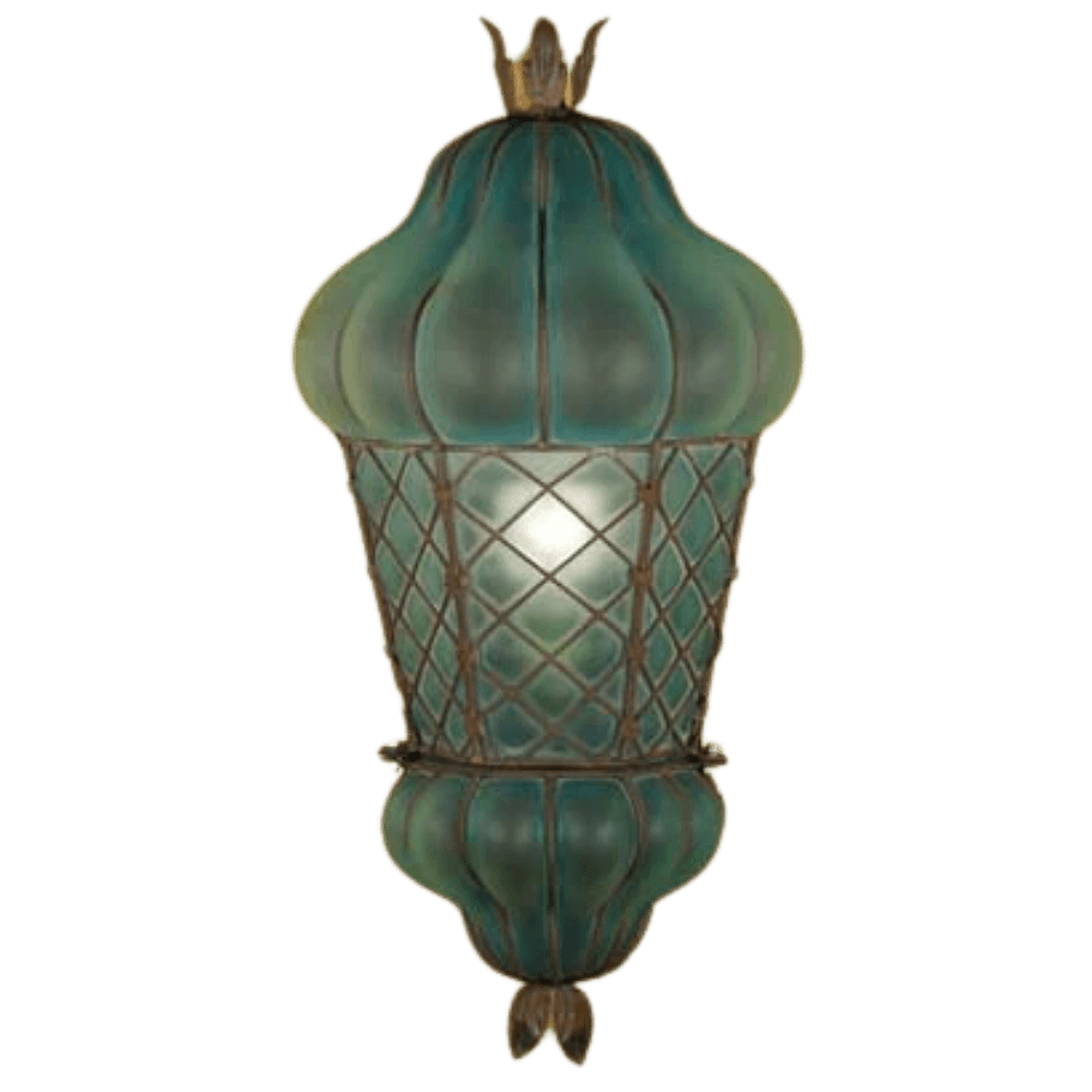 A decorative wall sconce featuring a soft green, textured glass shade, elegantly encased in intricate wrought iron detailing. The design showcases a distinctive rounded shape with a crown-like top, blending classic artistry with functional lighting. Perfect for adding a touch of charm and warmth to any space.