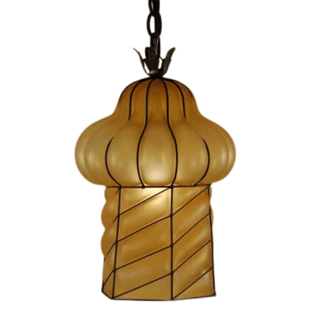 A uniquely shaped pendant light featuring a rounded top and twirling body made from frosted glass, enclosed in decorative wrought iron.