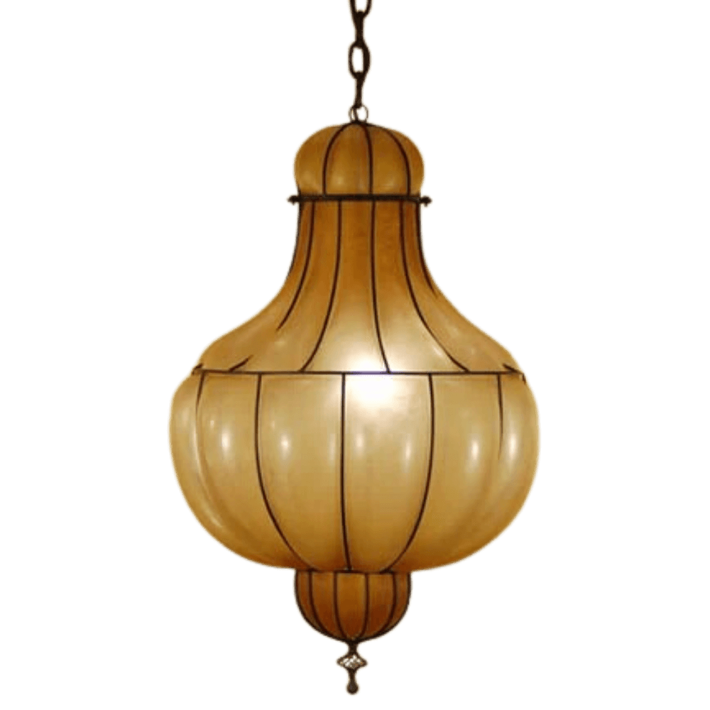 A beautifully crafted pendant light featuring a rounded, bulbous shape with elegant vertical lines. The warm, translucent shade emits a soft glow, complemented by decorative black accents. Perfect for adding a touch of sophistication to any space.