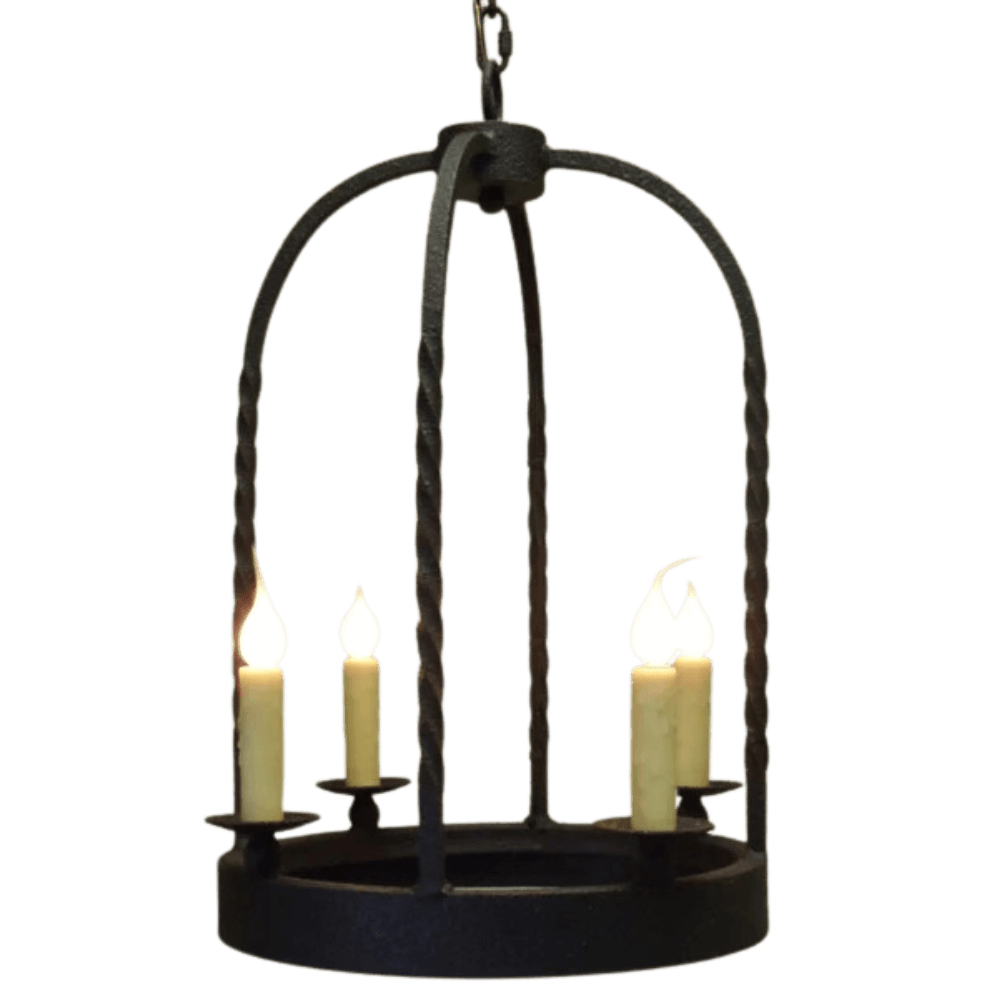 A decorative wrought iron chandelier featuring three candle-like lights, elegantly suspended within a curved frame. The design showcases twisted details and a rustic finish, adding warmth and charm to any space.