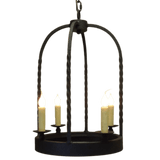 A decorative wrought iron chandelier featuring three candle-like lights, elegantly suspended within a curved frame. The design showcases twisted details and a rustic finish, adding warmth and charm to any space.