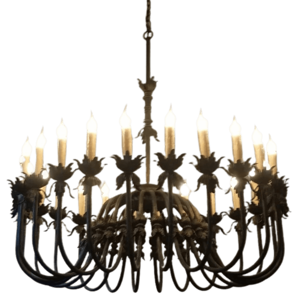 An elegant wrought iron chandelier featuring a curved, floral design with multiple candle-like bulbs. Its intricate details and warm illumination create a charming atmosphere, making it a stunning focal point for any space.