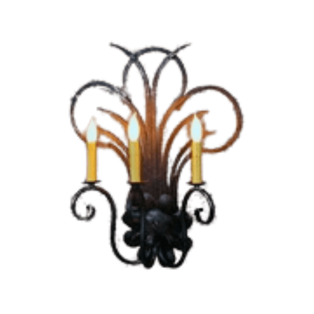 Elegant wrought iron sconce featuring ornate curves and leaf-like designs. It holds three candle-style lights, adding a warm and inviting ambiance to any space.