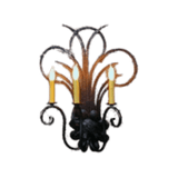 Elegant wrought iron sconce featuring ornate curves and leaf-like designs. It holds three candle-style lights, adding a warm and inviting ambiance to any space.