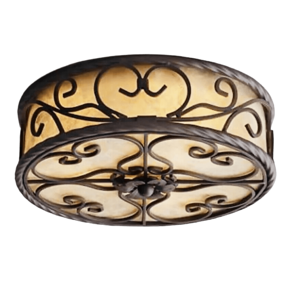 Circular ceiling fixture featuring intricate wrought iron scrollwork, elegantly contrasting a warm, frosted glass diffuser. Perfect for adding a touch of rustic charm.