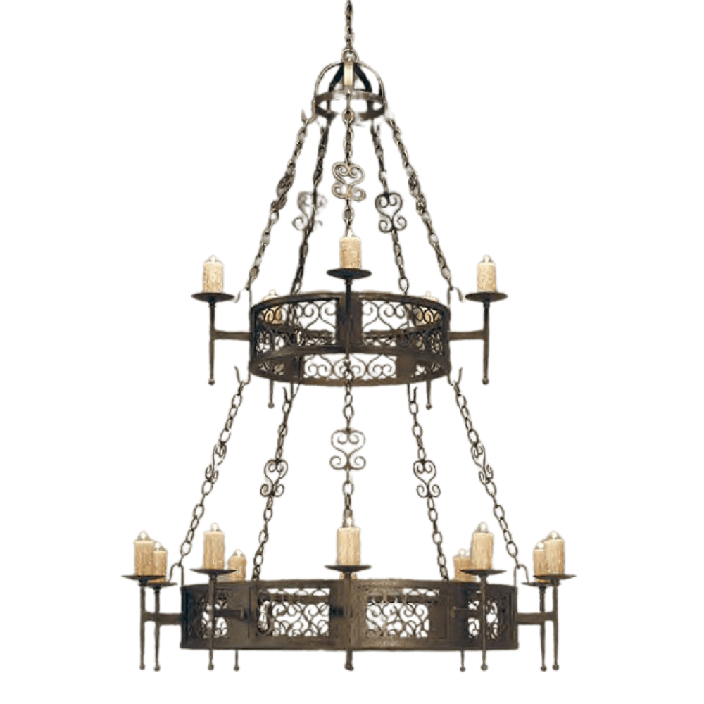 A decorative wrought iron chandelier featuring intricate scrollwork and multiple candle holders. Its elegant design is highlighted by a dual-tiered structure, adding a warm, inviting ambiance to any space.