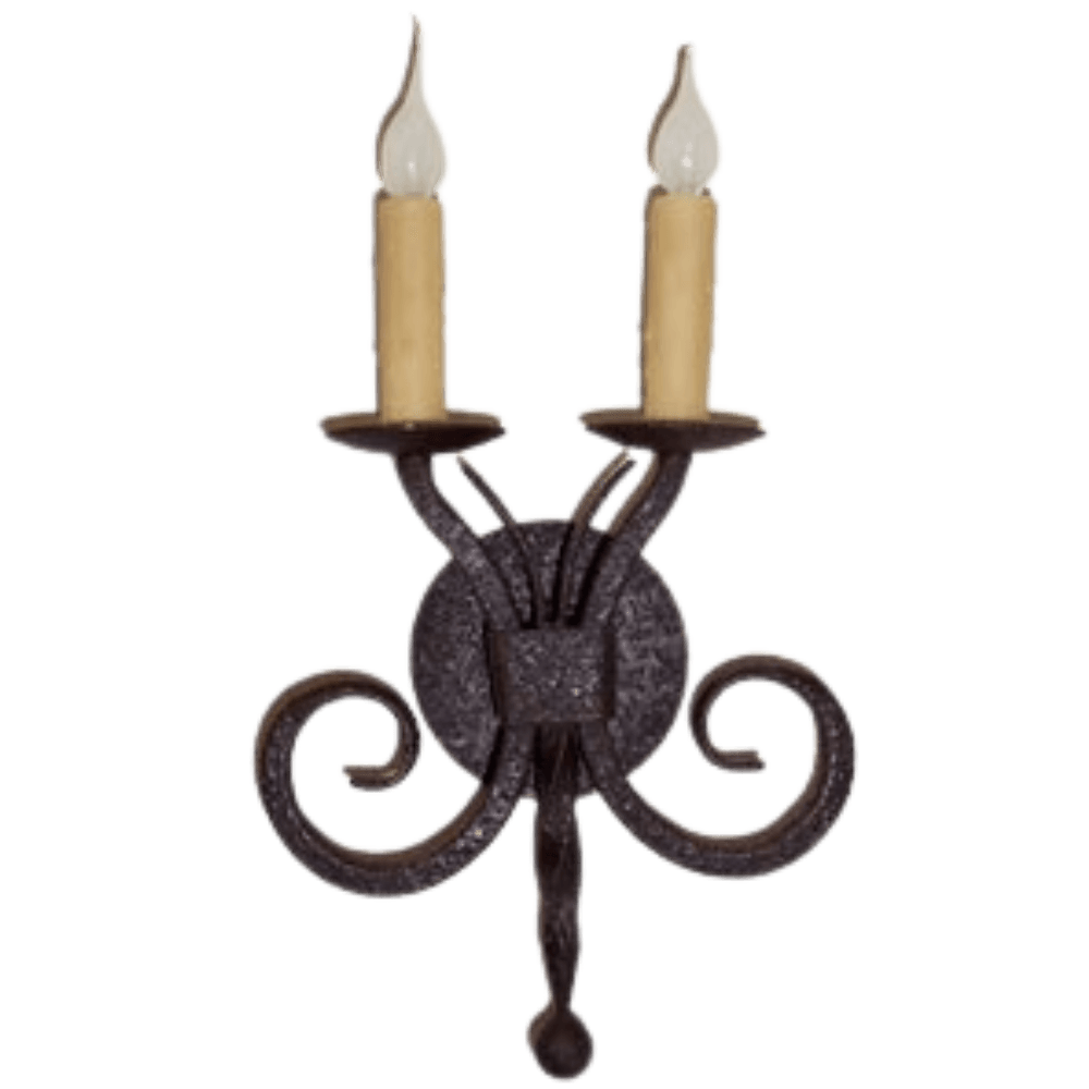 A beautiful wrought iron wall sconce featuring two candle-like bulbs atop elegantly curled arms. The textured finish and intricate design add a rustic charm, perfect for enhancing any interior space with warm illumination.