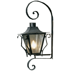 A decorative wall sconce featuring intricate wrought iron details and a classic glass lantern design, providing warm illumination to outdoor spaces.