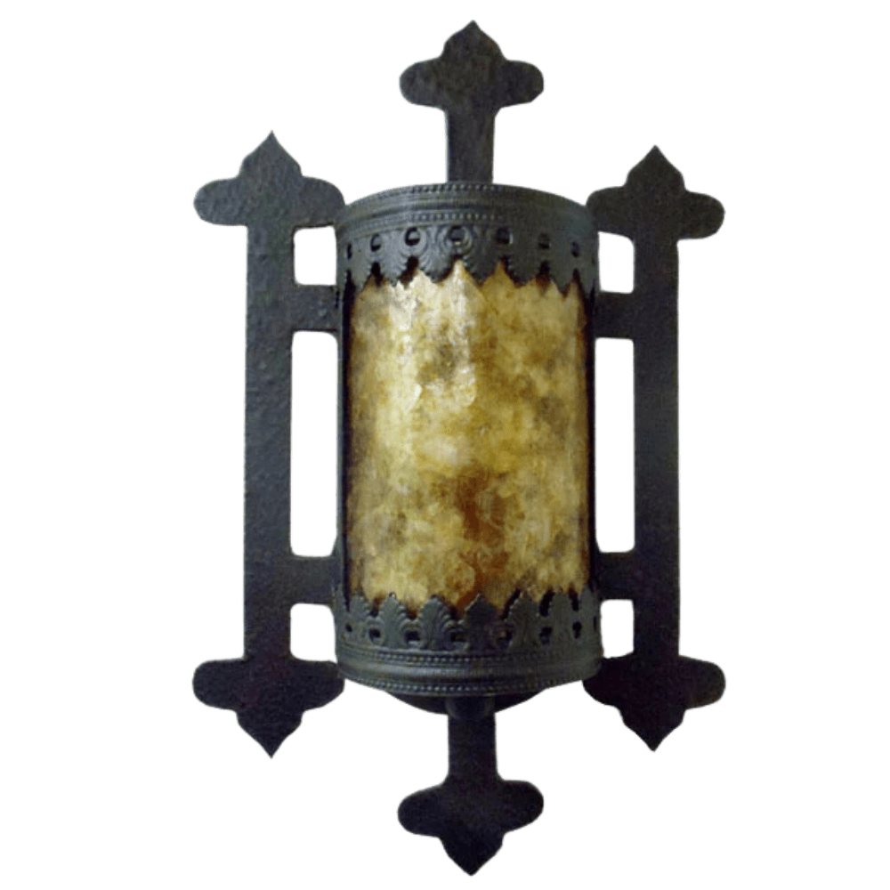 A decorative wall sconce featuring intricate wrought iron with a gold-hued, translucent glass center. The design includes ornate detailing and elegant shapes, providing a warm, inviting glow.