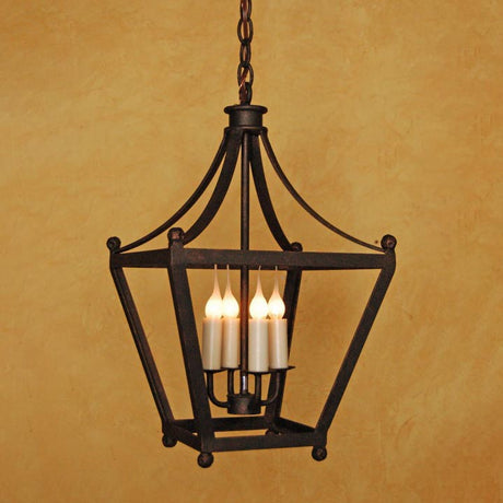 Elegant wrought iron pendant featuring a geometric design with four candle-like lights. The rich, dark finish adds a touch of warmth, perfect for enhancing any home decor.