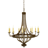 A beautifully crafted wrought iron chandelier featuring multiple candle-like lights, elegantly arranged on curved arms. This piece combines rustic charm with intricate design elements, enhancing any space with warm illumination.