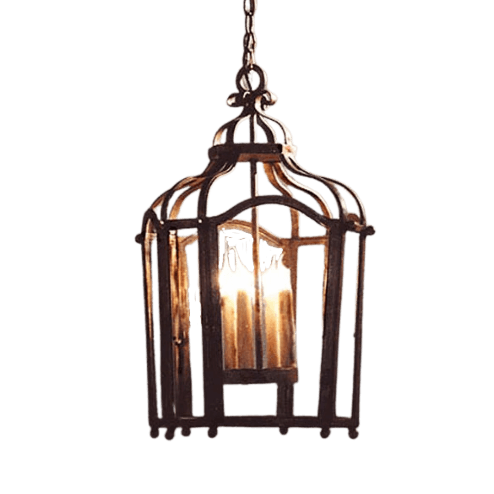 Intricate wrought iron pendant light featuring a cage-like design with elegant curves and four candle-style bulbs.