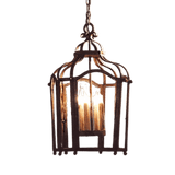 Intricate wrought iron pendant light featuring a cage-like design with elegant curves and four candle-style bulbs.