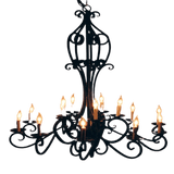 An ornate wrought iron chandelier featuring intricate scrollwork and multiple candle-like bulbs. The design showcases a striking balance of elegance and artistry, illuminating spaces with warmth and character.