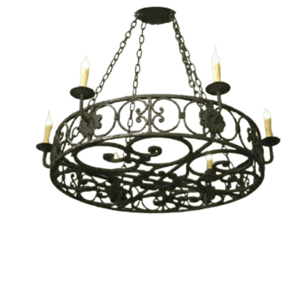 A beautifully designed wrought iron chandelier featuring intricate scrollwork and five candle-style lights. The circular frame is suspended by a chain, adding elegance to any space.