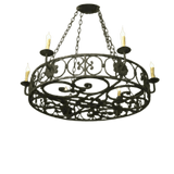 A beautifully designed wrought iron chandelier featuring intricate scrollwork and five candle-style lights. The circular frame is suspended by a chain, adding elegance to any space.