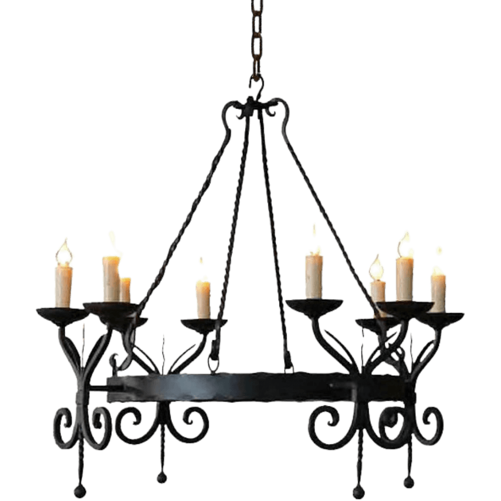 A decorative chandelier featuring a circular wrought iron frame adorned with elegant scrollwork and candle-style fixtures. The design showcases a rustic charm, with six candleholders supporting warm, flickering candles, creating a cozy ambiance. Ideal for adding a touch of vintage elegance to dining areas or living spaces.