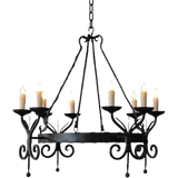 A decorative chandelier featuring a circular wrought iron frame adorned with elegant scrollwork and candle-style fixtures. The design showcases a rustic charm, with six candleholders supporting warm, flickering candles, creating a cozy ambiance. Ideal for adding a touch of vintage elegance to dining areas or living spaces.