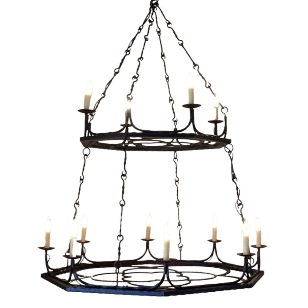 A beautifully crafted wrought iron chandelier featuring two tiers with elegant curves, six candle-like lights, and intricate detailing, perfect for adding a warm ambiance to any space.