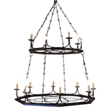 A beautifully crafted wrought iron chandelier featuring two tiers with elegant curves, six candle-like lights, and intricate detailing, perfect for adding a warm ambiance to any space.