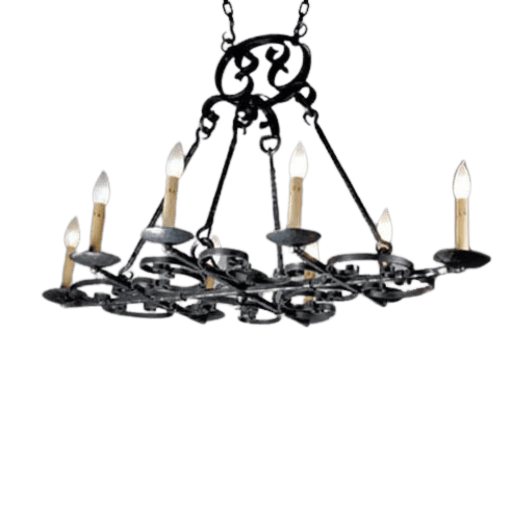 A beautifully crafted wrought iron chandelier featuring intricate scrollwork and eight candle-style lights. The design showcases elegant curves and detail, adding a touch of sophistication to any space. Ideal for dining areas or grand entryways, this fixture merges artisan craftsmanship with timeless appeal.