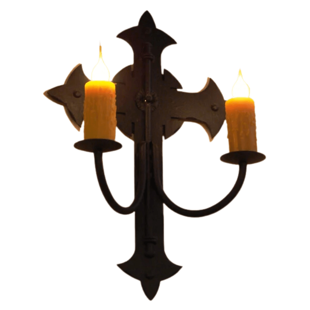 Wrought iron sconce featuring two candle-like lights atop curving arms. The design showcases ornate shapes and adds a warm, inviting glow to any space.