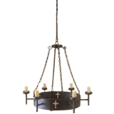 A handcrafted wrought iron chandelier features a circular frame with six candle holders, adorned with decorative crosses. It hangs from an intricately linked chain, combining elegance and rustic charm, perfect for enhancing any interior space.