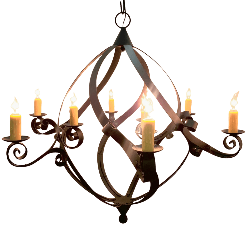 Elegant wrought iron chandelier featuring sweeping curves and multiple candle holders, designed to illuminate spaces with warm, inviting light.