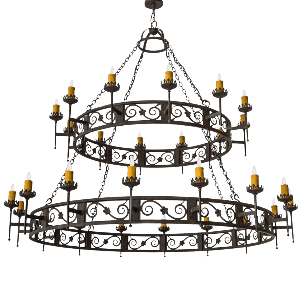 A beautifully crafted chandelier featuring two circular tiers with ornate wrought iron detailing. It showcases multiple candle-like bulbs, each surrounded by decorative holders, creating an elegant and inviting atmosphere. The intricate patterns and robust design highlight craftsmanship and artistic flair, perfect for adding a touch of sophistication to any space.