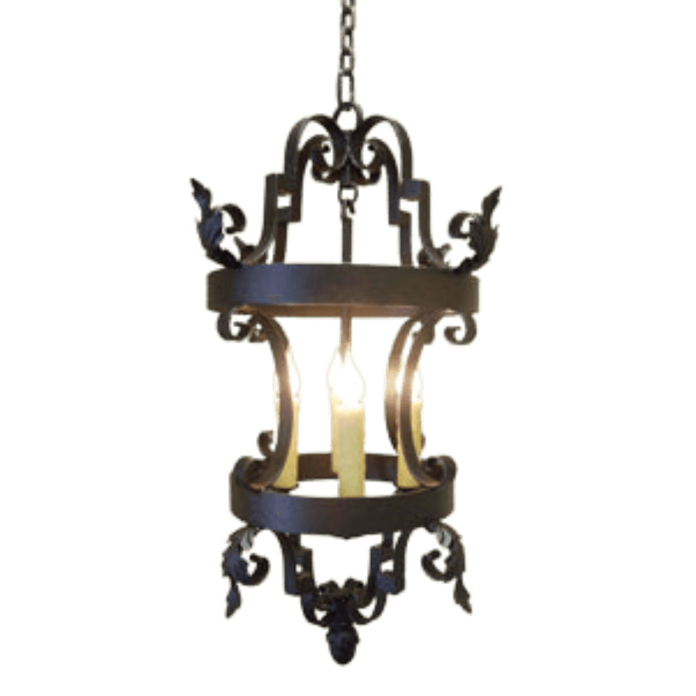 An ornate wrought iron pendant light featuring intricate scrollwork and a warm glow from candle-like bulbs inside. Perfect for adding elegance to any space.