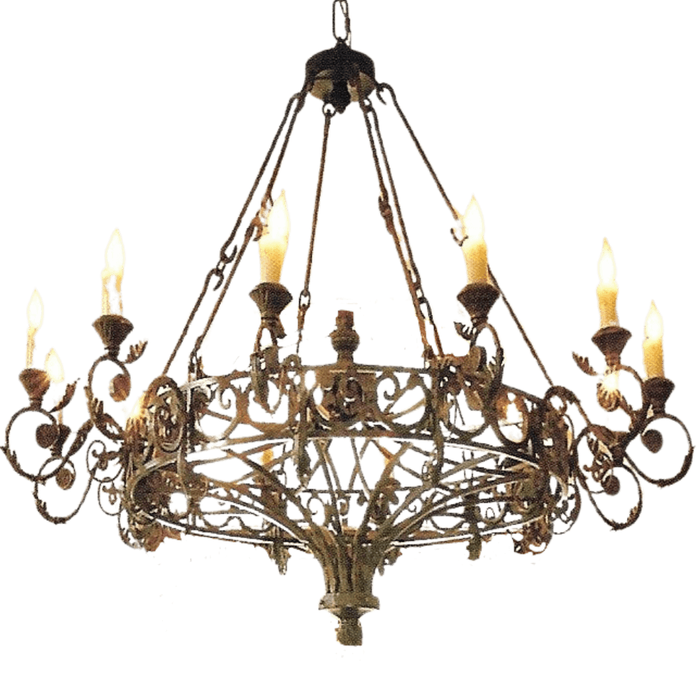 Elegant wrought iron chandelier featuring intricate scrollwork and six candle-style lights, casting a warm glow in any space.