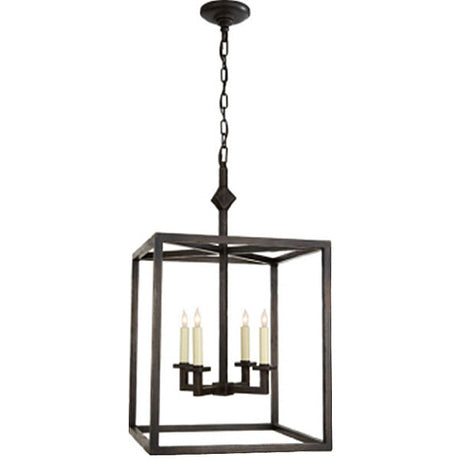 A geometric pendant light featuring a square frame with four candle-style bulbs. The black wrought iron finish adds elegance, perfect for illuminating dining areas or entryways.