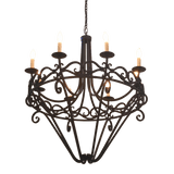 A beautifully crafted chandelier made from wrought iron features intricate scrollwork and six light sockets, enhancing the elegance of any space.