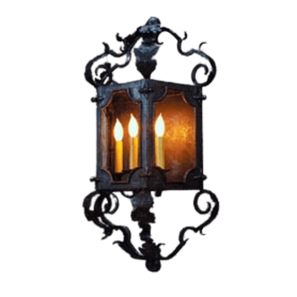 A decorative wrought iron wall sconce featuring intricate scrollwork and three candle-like lights, set against a warm amber backdrop. The elegant design adds a touch of artistry and warmth to any space.