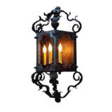 A decorative wrought iron wall sconce featuring intricate scrollwork and three candle-like lights, set against a warm amber backdrop. The elegant design adds a touch of artistry and warmth to any space.