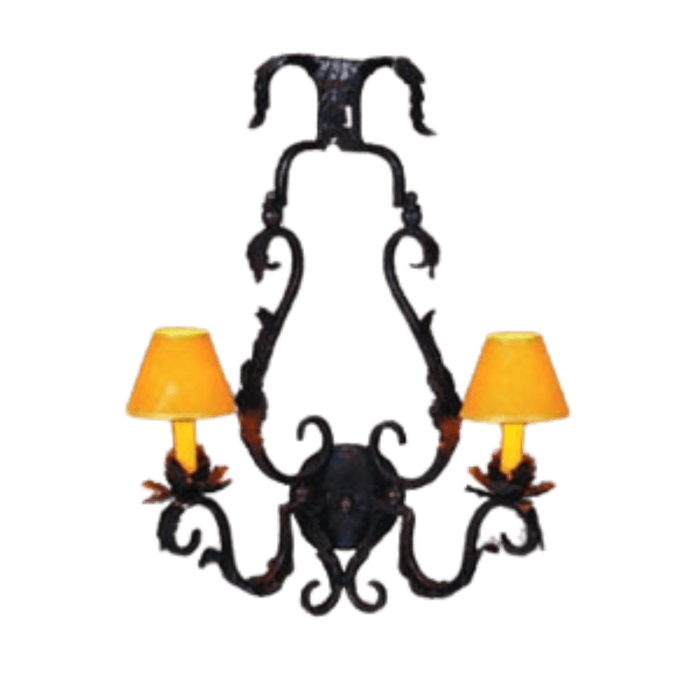 A beautifully crafted wrought iron sconce featuring intricate scrolling details and two warm yellow lampshades, perfect for adding a rustic elegance to any space.