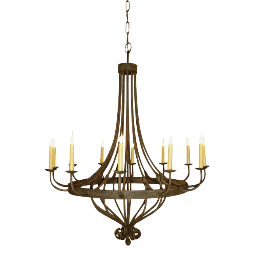 Elegant wrought iron chandelier featuring graceful, sweeping arms with candle-like bulbs. Perfect for adding warmth and charm to any space.