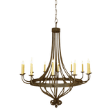 Elegant wrought iron chandelier featuring graceful, sweeping arms with candle-like bulbs. Perfect for adding warmth and charm to any space.