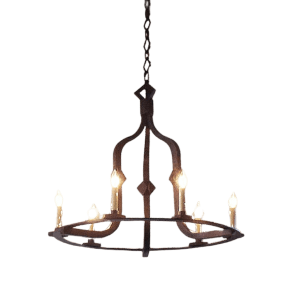 A beautifully crafted chandelier featuring a circular wrought iron design with five candle-style lights. Its intricate detailing and rustic finish add warmth and elegance to any space, enhancing the ambiance with a classic touch.