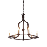 A beautifully crafted chandelier featuring a circular wrought iron design with five candle-style lights. Its intricate detailing and rustic finish add warmth and elegance to any space, enhancing the ambiance with a classic touch.