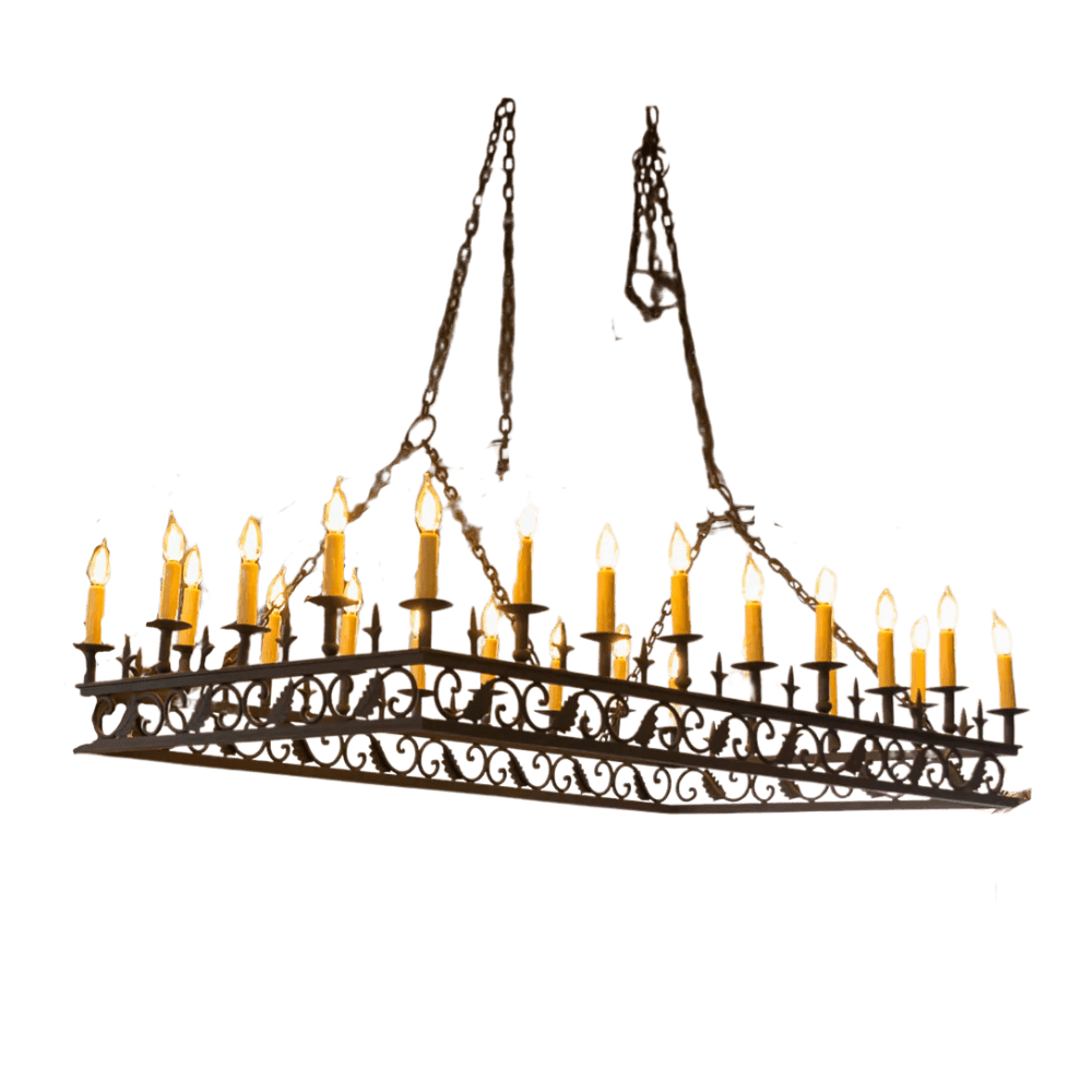 A large, ornate wrought iron chandelier featuring intricate scrollwork and multiple candle-like lights. The design showcases a rustic elegance, ideal for enhancing any space with a warm, inviting glow.