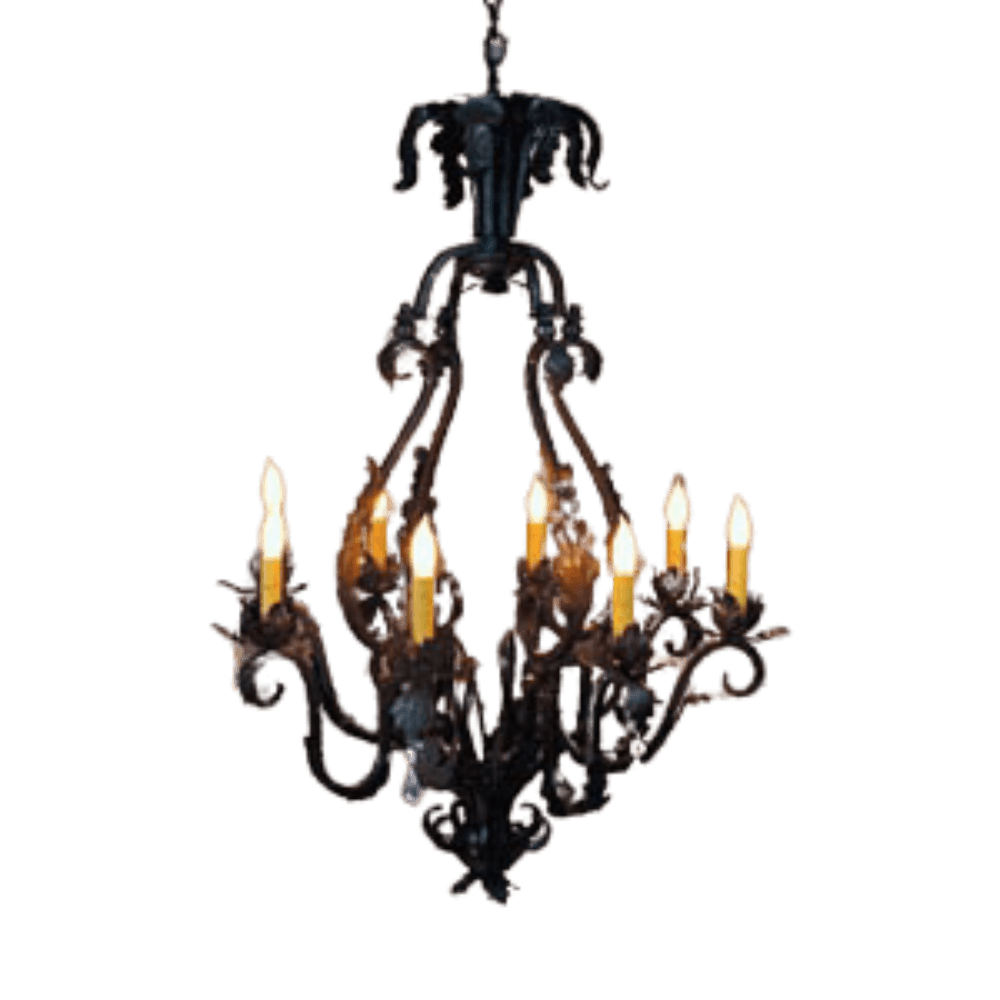 Elegant wrought iron chandelier featuring intricate scrollwork and six candle-like lights, exuding a warm, inviting ambiance. Perfect for enhancing any dining area or foyer.