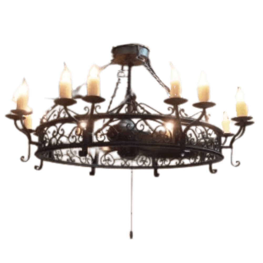 A beautifully crafted wrought iron chandelier featuring intricate scrollwork and elegant candle-style lights, perfect for adding grandeur to any space.