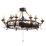 A beautifully crafted wrought iron chandelier featuring intricate scrollwork and elegant candle-style lights, perfect for adding grandeur to any space.