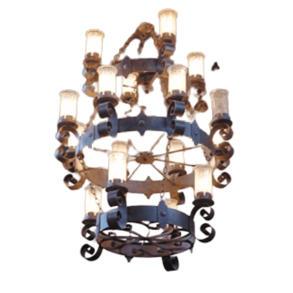 A decorative chandelier featuring elegant curves and intricate scrollwork. The fixture showcases multiple glass candle-like bulbs, exuding warmth and sophistication, perfect for enhancing any dining or living space.